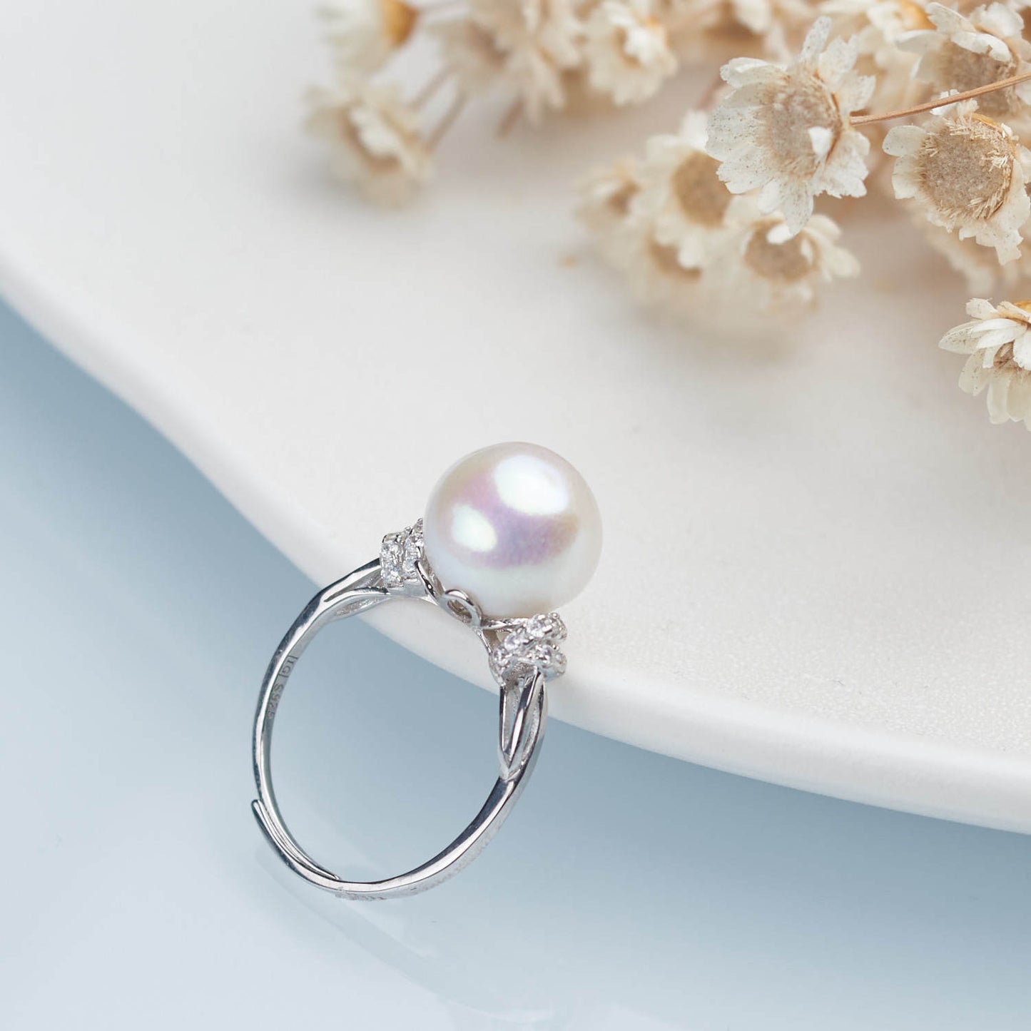 Customized Strong light nearly round Edison pearl ring S925 silver accessory opening adjustable natural freshwater pearl ring