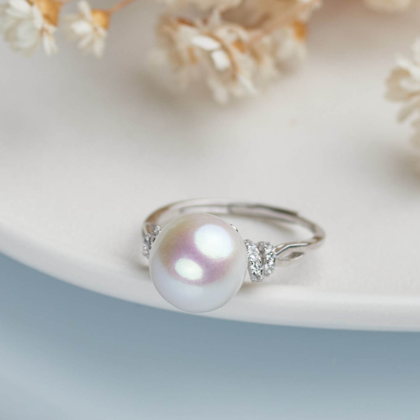 Customized Strong light nearly round Edison pearl ring S925 silver accessory opening adjustable natural freshwater pearl ring