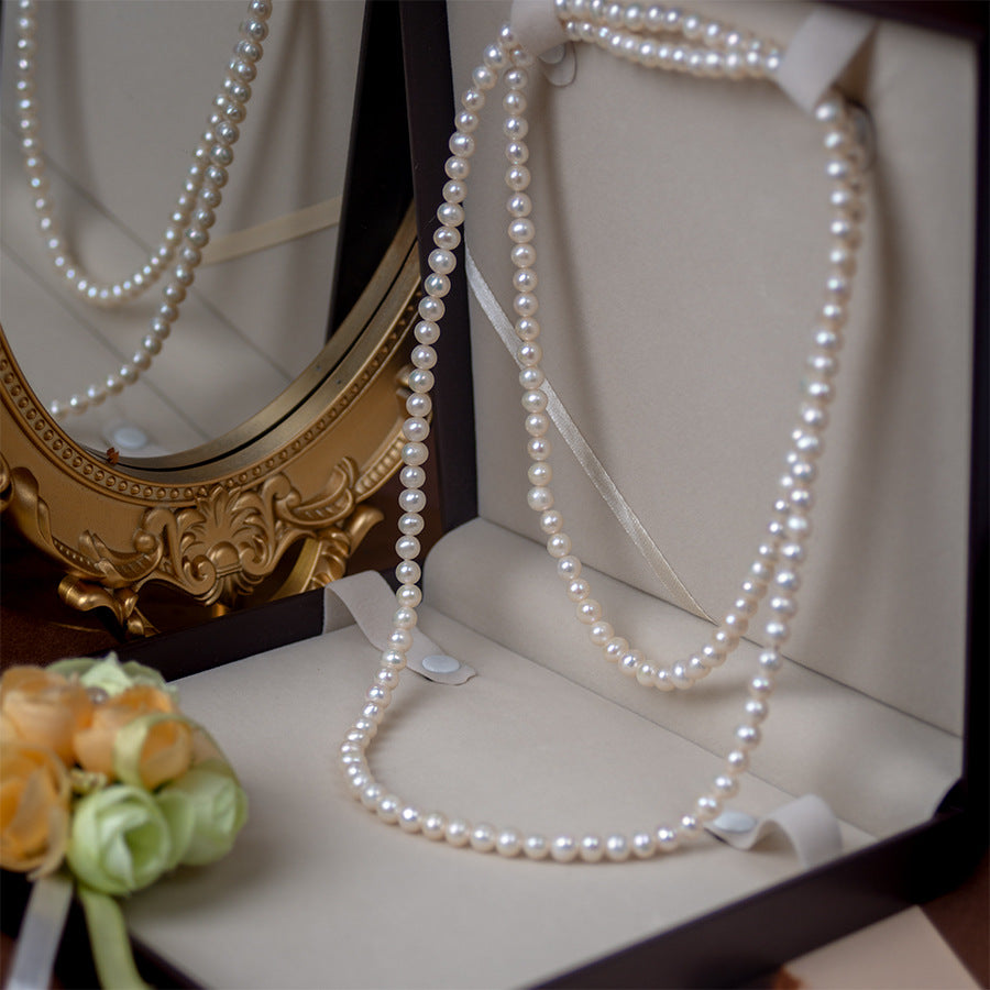 Customized Natural freshwater pearl necklace, multi-layer retro pearl sweater chain wholesale, long strong light nearly round and slightly flawed pearl