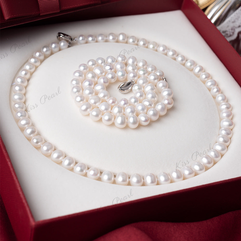 Customized Wholesale 8-9 Near Round Natural Pearl Necklace Micro Flaw Strong Light Pearl Clavicle Chain Zhuji Pearl Necklace Set