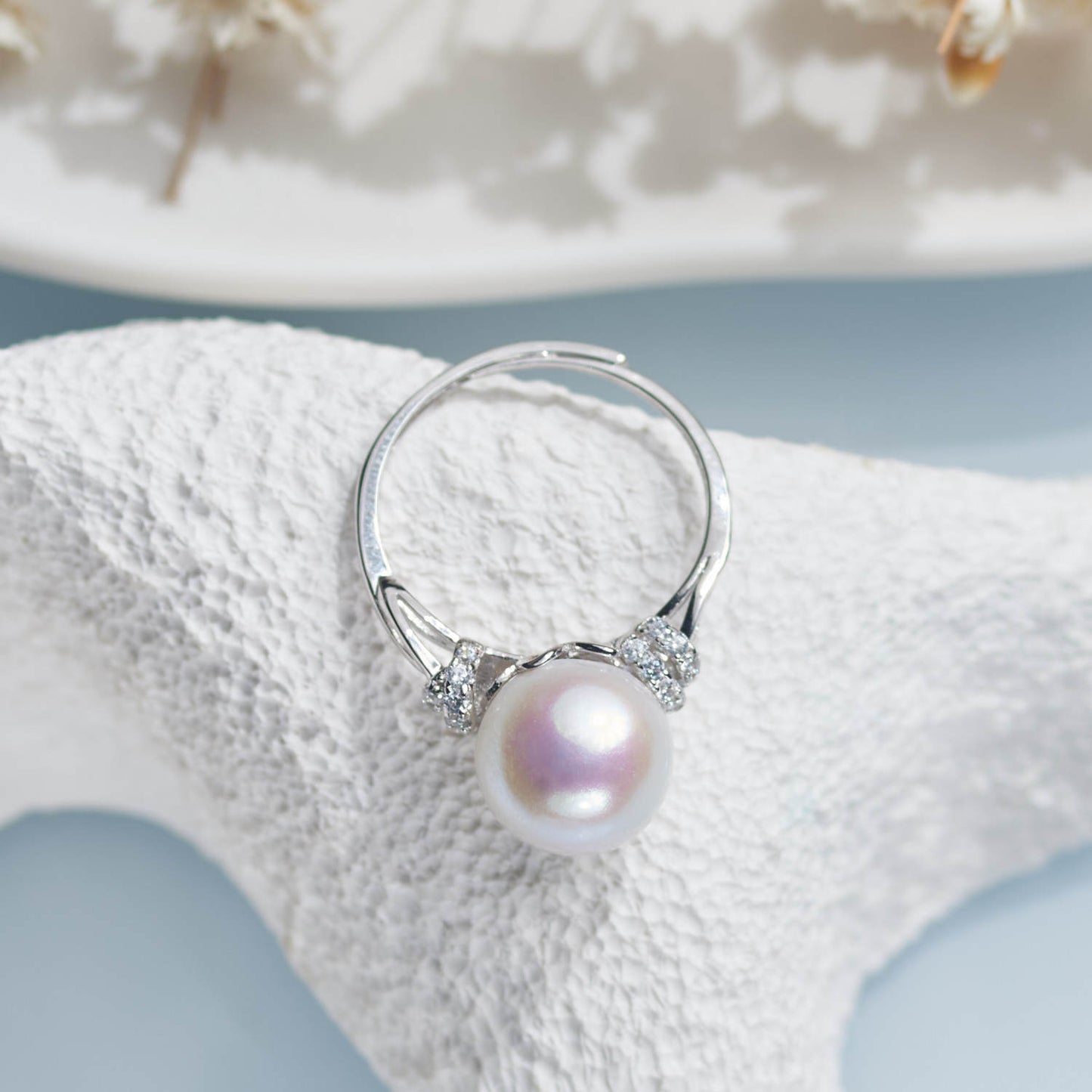 Customized Strong light nearly round Edison pearl ring S925 silver accessory opening adjustable natural freshwater pearl ring