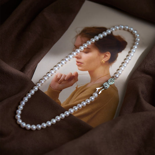 Customized 6-7 Near round freshwater pearl necklace, simple natural pearl S925 silver buckle, high-end bow choker