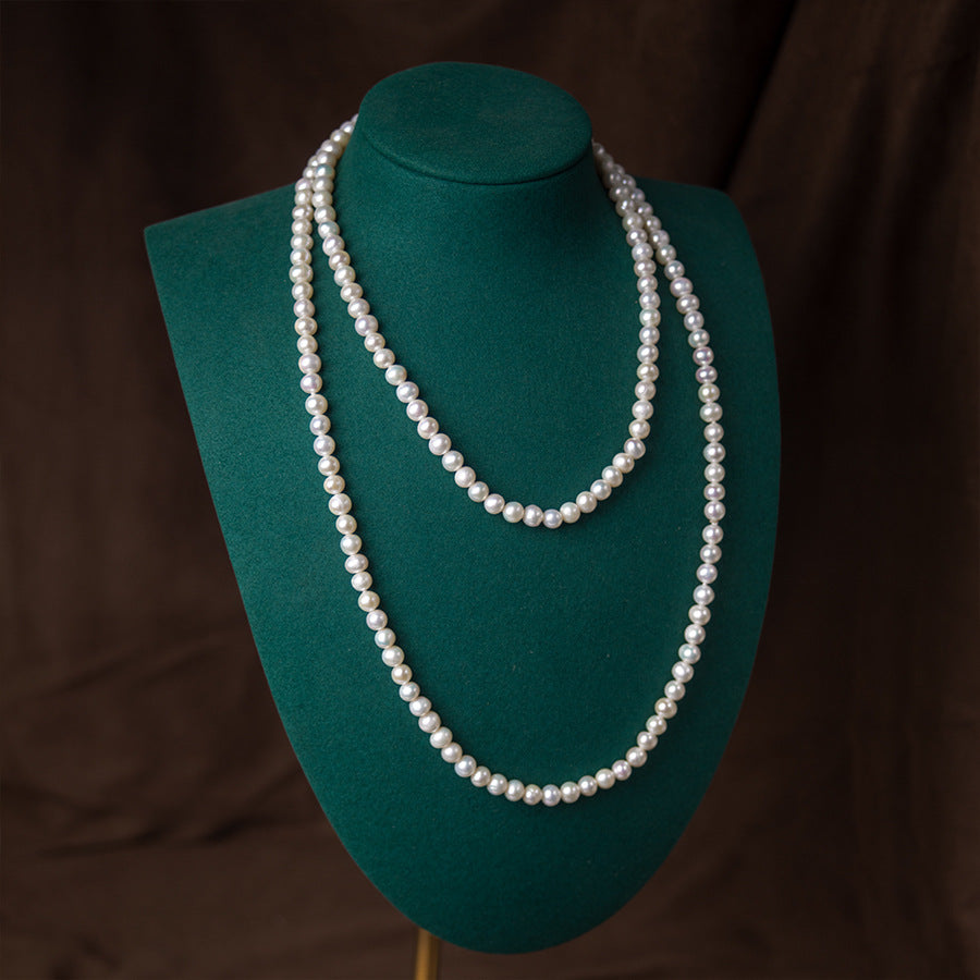 Customized Natural freshwater pearl necklace, multi-layer retro pearl sweater chain wholesale, long strong light nearly round and slightly flawed pearl